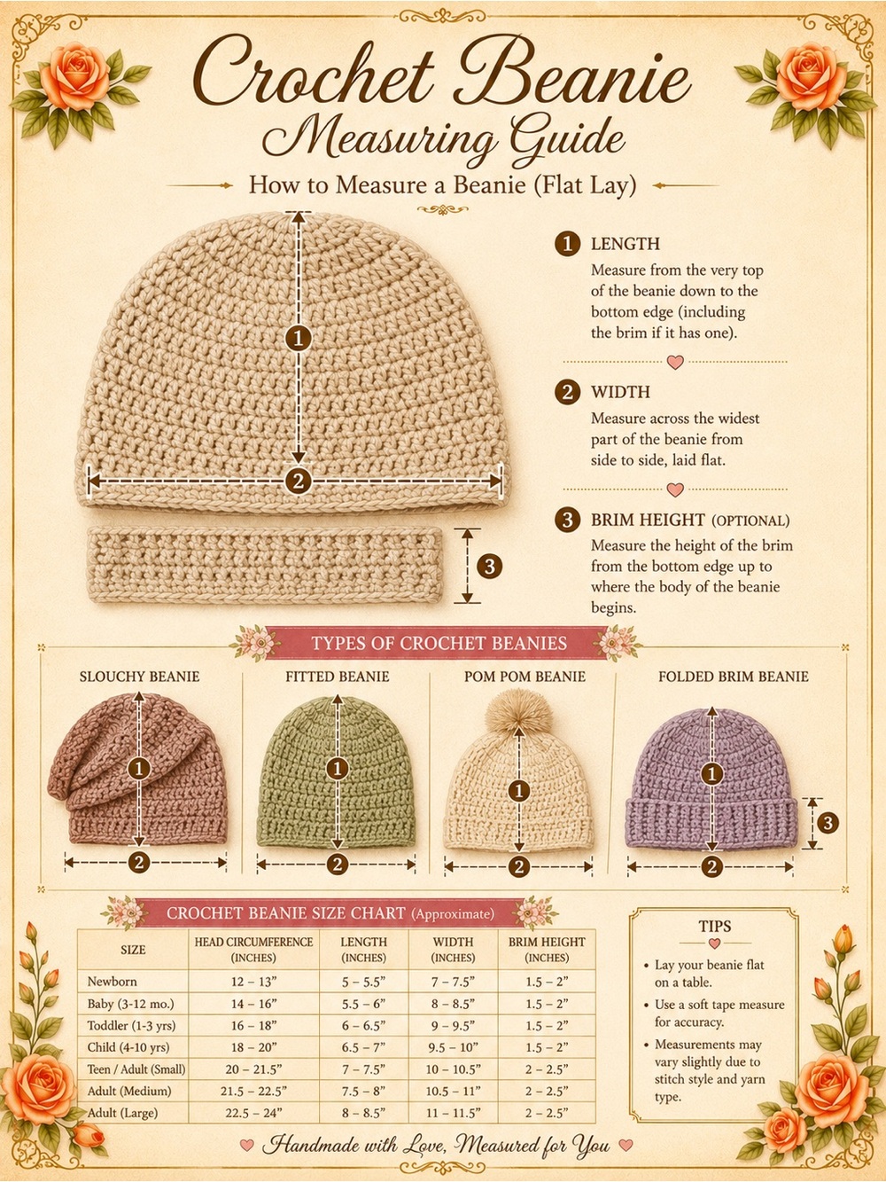 Handmade Crochet Ivory Beanie Adult Medium Large Cuffed Knit Hat Winter Boho - Picture 7 of 9